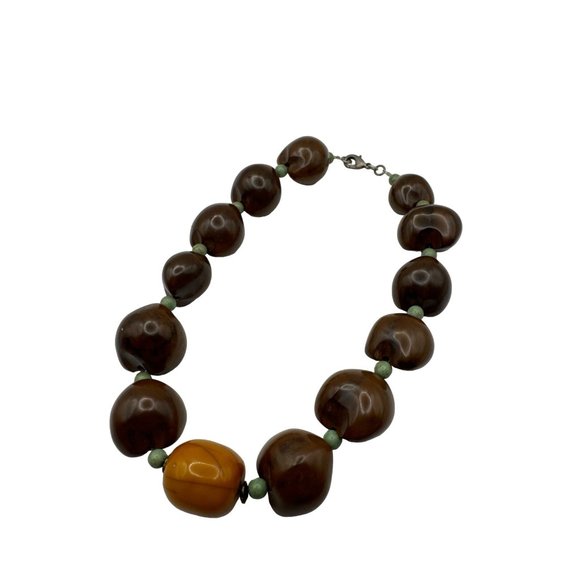 Brown and Orange Beaded Necklace with Green Spacer Beads 16 inch - Picture 6 of 7